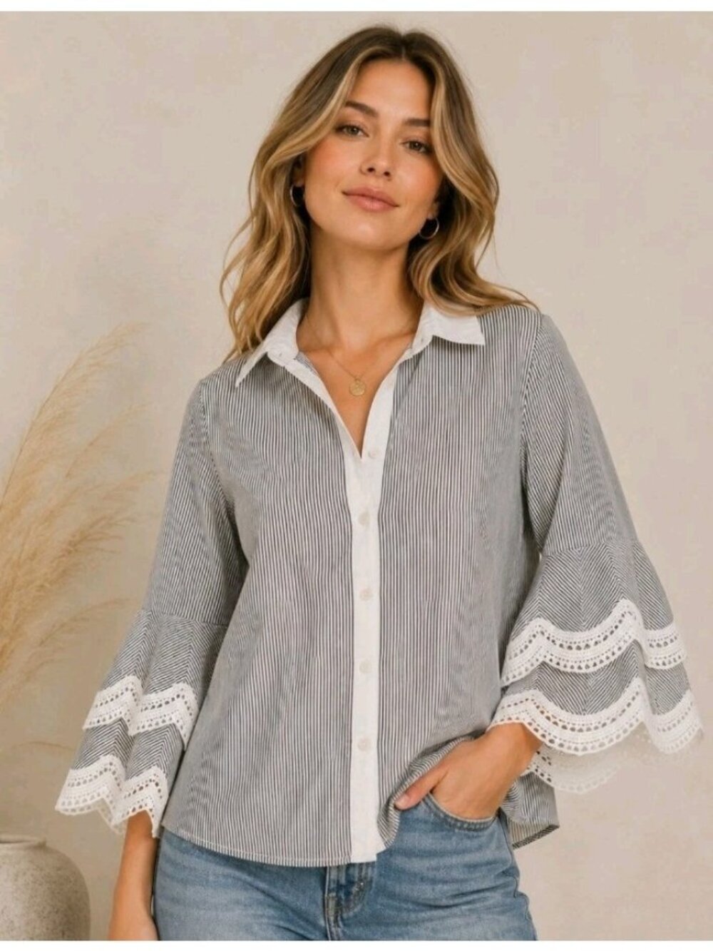 Charter Club Blouse Scalloped Flutter Sleeve Boho Crochet Accent Striped Sz 10